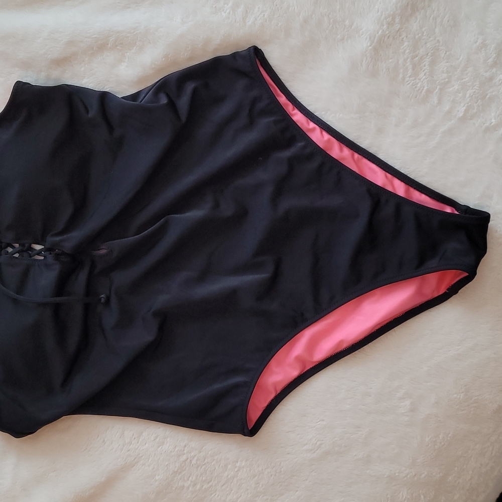 Pink Victoria’s Secret Black Tie Front One Piece Swimsuit Size Medium - Picture 3 of 11